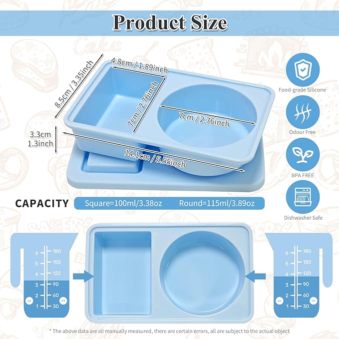 Gute Silicone Reusable Snack Containers with Lids, Small Mini Double Compartment Sauce Cups for Salad Dressing, Lunch, Travel, Gym - 2 Pack(Blue)