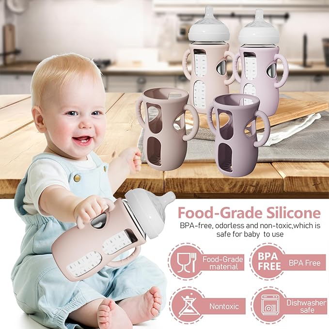 4 Pack Silicone Sleeves for Avent Natural Glass Bottles, Anti Breakage Baby Bottle Protector with Easy-Grip Handle, Compatible with Philips Avent Glass Natural Bottle 8 oz, Not for Infant Use