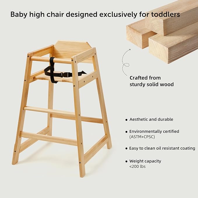 4 Pack Wooden High Chairs for Babies and Toddlers, Restaurant-Style Stackable High Chair with Commercial Grade Solid Wood for Dining Table & Kitchen, Easy to Clean Baby Booster Seat -Natural