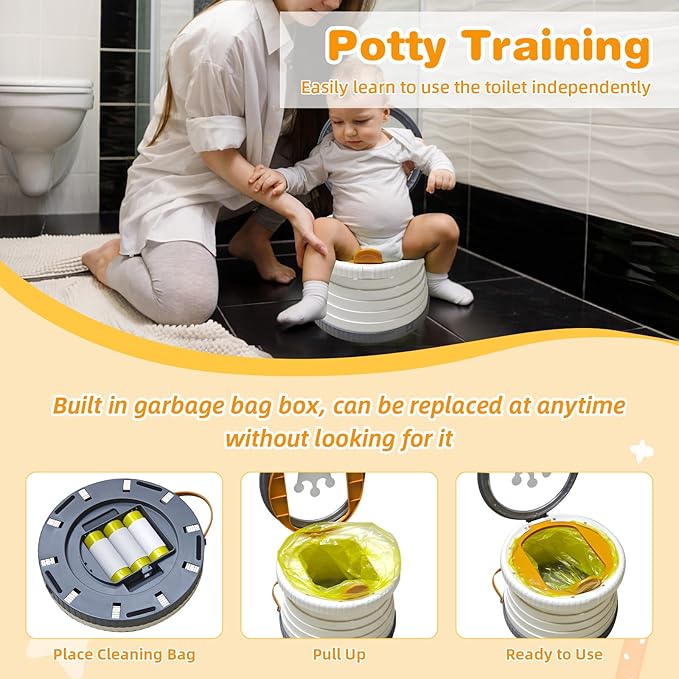 Portable Potty Chair for Toddlers with Splash-Proof Design, Foldable Travel Potty with Bag & 30 Refills - Kids Toilet for Car, Camping, Indoor - Easy Clean Baby Potty Training Seat(White-Gray)