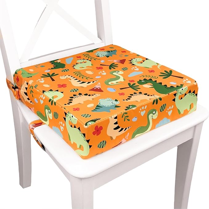 Toddler Booster Seat for Dining Table & Kitchen Chairs - Premium Foam with Non-Slip Bottom & Double Adjustable Straps, Safety Certified, Portable Travel &Easy to Clean (Orange-Dinosaur)