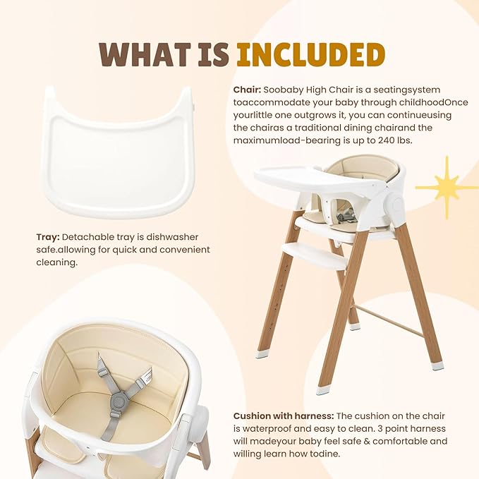 Convertible High Chairs for Babies & Toddlers. 5-in-1 Adjustable High Chair with Removable Tray, Easy to Clean, Portable (Khaki)