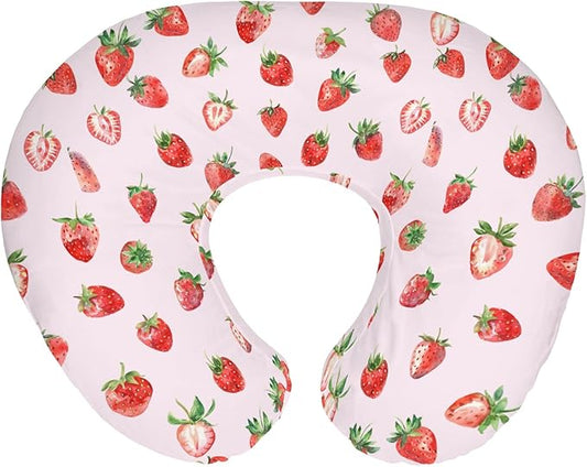 Red Strawberries Baby Nursing Pillow Covers for Boy Girl Watercolor Strawberries Fruit Nursery Slipcovers for Breastfeeding Pillows Sweet Summer Pink Soft Stretchy Removable Covers for Newborn Infant
