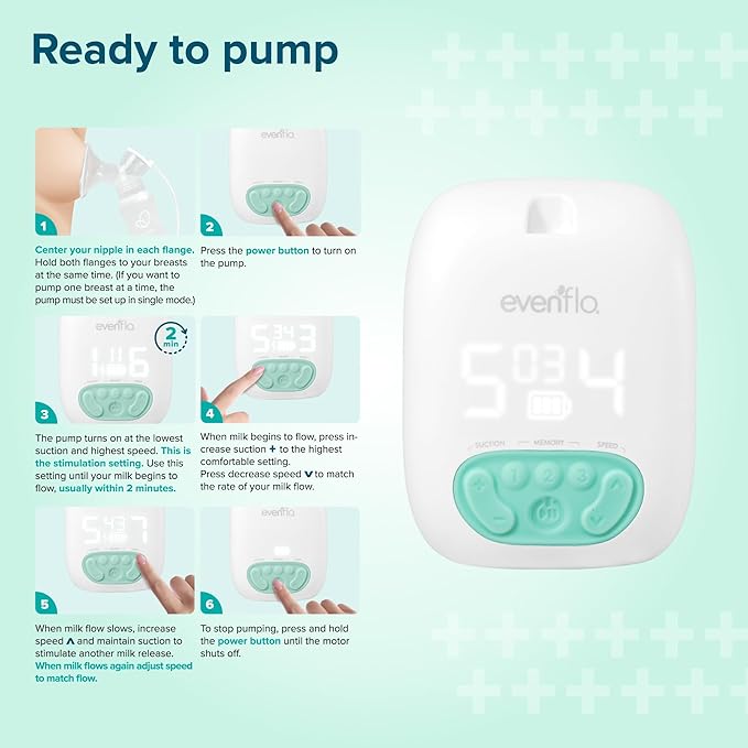 Evenflo Pocket Portable Double Electric Breast Pump, White, 20 Pumping Sessions per Charge, 9 Suction Settings, 3 Memory Presets