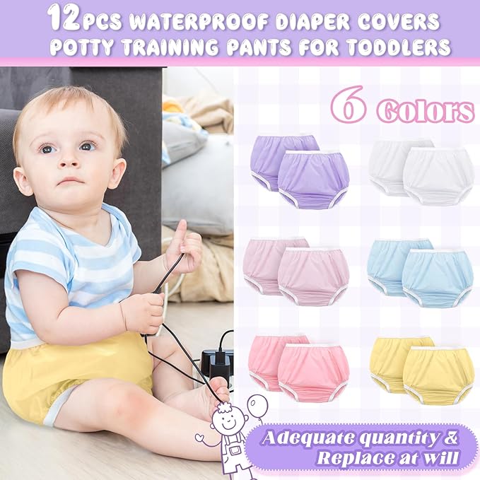 Funtery 12 Packs Waterproof Plastic Pants for Toddlers Reusable Diaper Covers Unisex Baby Potty Training Underwear Covers