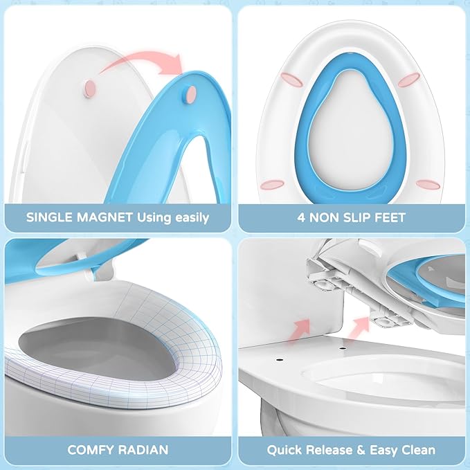 YASFEL Toddler Toilet Seat, Potty Training Toilet Seat for Toddlers, Kids & Adults Plastic Toilet Seats Elongated Slow Close with Magnets(Blue White, 18.5”)