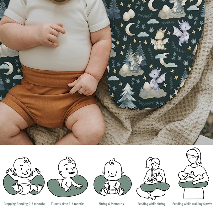Fairytale Dragons Baby Nursing Pillow Cover for Boy Girl Cute Dragon Moon Stars Clouds Trees Eggs Nursery Pillowcase for Breastfeeding Pillows Fantasy Animal Soft Stretchy Slipcover for Newborn Infant