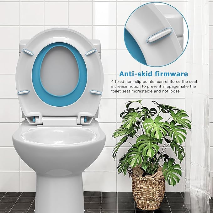 Round Toilet Seat with Built in Potty Training Seat, Potty Training Toilet Seat for Toddlers, Magnetic Kids Seat and Cover, Slow Close and Never Loosen, Fits both Adult and Child, Blue Round