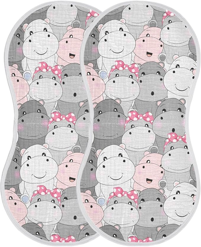 Muslin Burp Cloths for Baby Boys and Girls - 2-Pack Ultra Absorbent Cartoon Hippo Muslin Washcloths, Newborn Towel, Milk Spit Up Rags, Burp Cloth Bibs for Unisex, 22 x 11 Inch