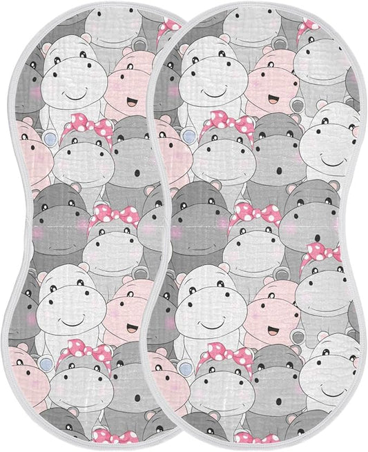 Muslin Burp Cloths for Baby Boys and Girls - 2-Pack Ultra Absorbent Cartoon Hippo Muslin Washcloths, Newborn Towel, Milk Spit Up Rags, Burp Cloth Bibs for Unisex, 22 x 11 Inch