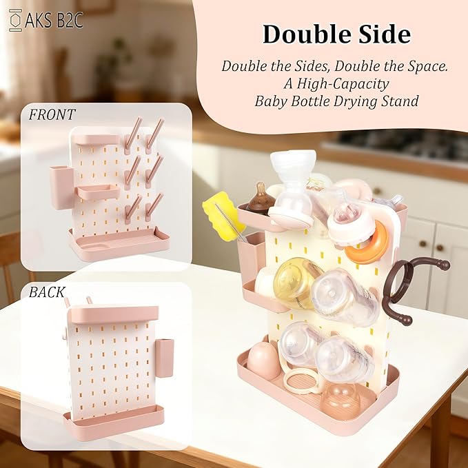 Baby Bottle Drying Rack Space Saving Countertop Vertical Rack with Brushes Holder (Pink)