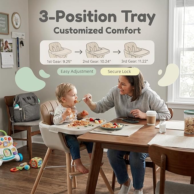 Mallify 3-in-1 Wooden High Chair, Convertible High Chairs for Babies and Toddlers, Baby Highchair with Adjustable Legs & Dishwasher-Safe Tray, Sleek Hardwood & Premium PU Cushion, Brown