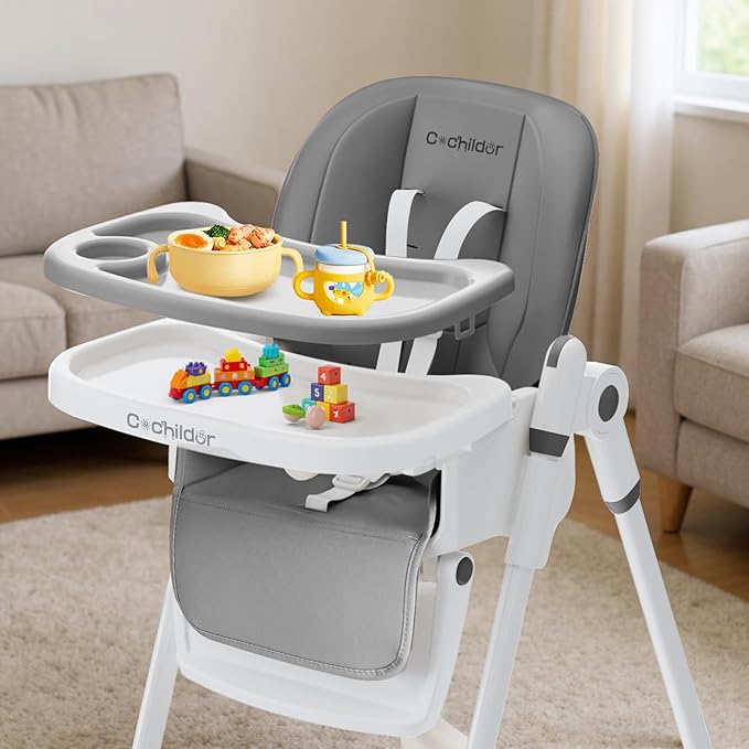 Cochildor 3-in-1 Foldable High Chair for Babies & Toddlers – Adjustable Height, Reclining Seat, 5-Point Safety Harness, Removable Tray, Lockable Wheels, Washable Cushion – Portable & Easy Clean, Gray