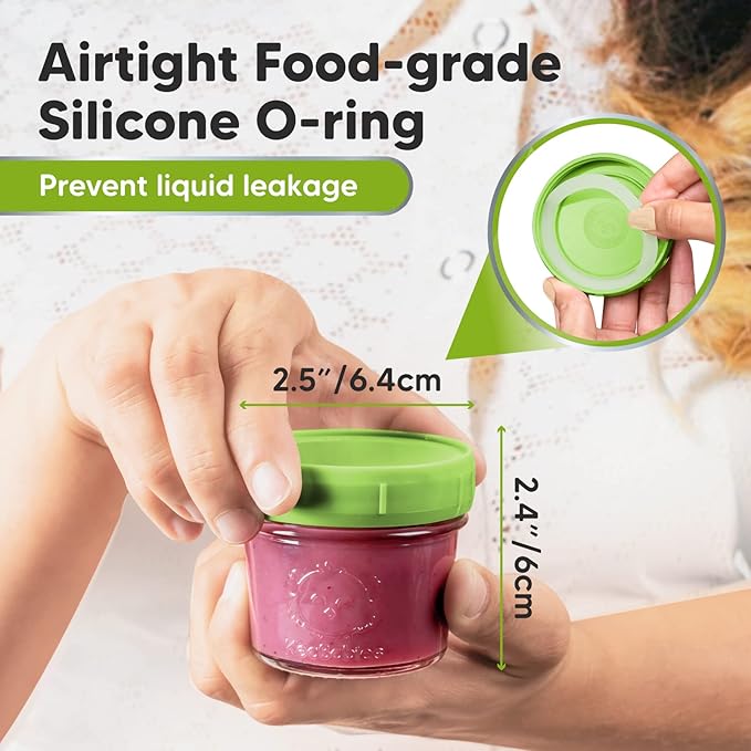 KeaBabies 12-Pack Baby Food Glass Containers and 2-Pack Baby Silicone Bibs - 4 oz Leak-Proof, Microwavable, Kids Food Storage Container, Waterproof, Easy Wipe Silicone Bib