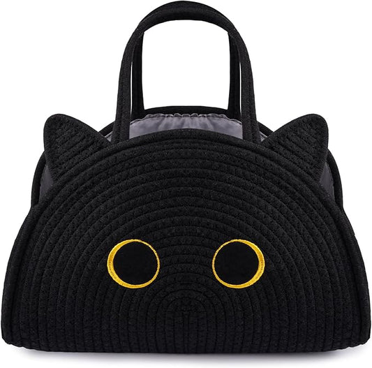 Black Cat Baby Diaper Caddy Organizer, Cute Cat Woven Cotton Rope Basket for Nursery, Portable Caddy Empty Gift Basket, Large Bag Baby Shower Towels Wipes for Newborn Essentials Storage Bins