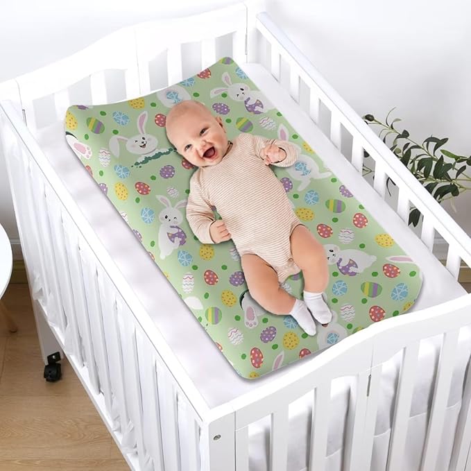 Rabbit Egg Easter Changing Pad Cover Waterproof Breathable Universal Tray Table Mat for Boys Girls Stretchy Soft Changing Table Cover Easy to Clean