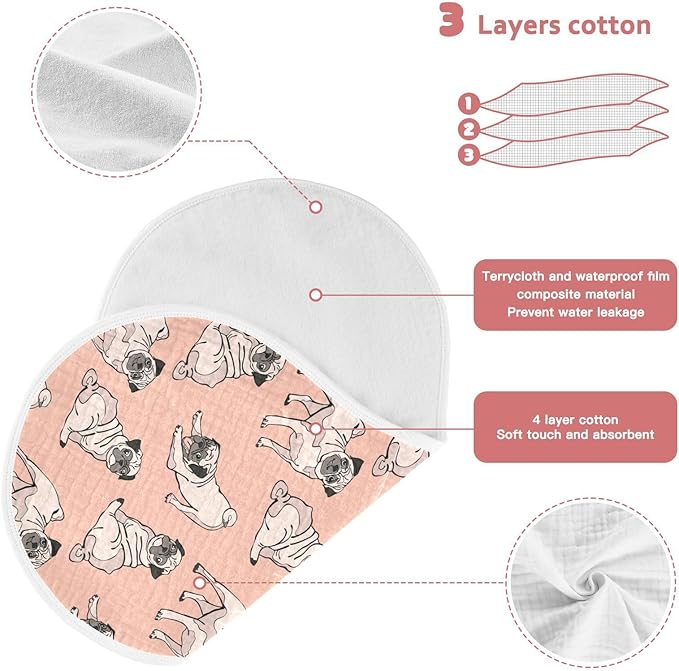 Pug Dog Animal Pattern Muslin Burp Cloths for Baby 4 Pack Soft 100% Cotton Baby Washcloths Bibs for Boy Girl