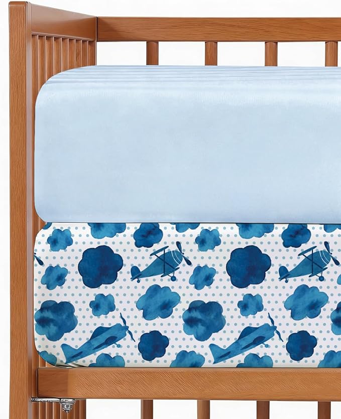 Baby Crib Sheets for Boys & Girls - Pack of 2 Fitted Microfiber Crib Sheets for Standard Crib & Toddler Mattress - Soft, Breathable & Wrinkle Free - Machine Washable, Oeko Tex - 52x28x8in - Plane Sky