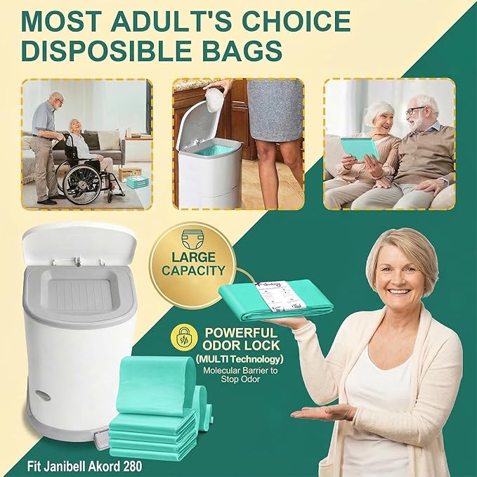 4 Pack Adult Diaper Liner Refills,Diaper Pail Refill Bags Compatible with Janibell Akord 280 slim Model Adult Diaper Disposal System Powerful Odor Resistant,Plant Scent (NOT Compatible with 330 pail)