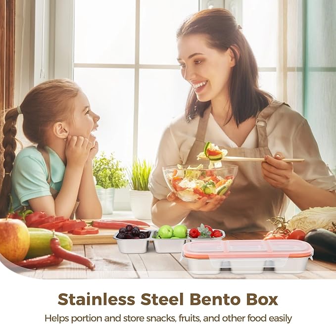 4 Pcs Stainless Steel Bento Boxes, 3-Compartment Snack Containers, Leak-Proof, Portable, Ideal for Home, Work, Travel