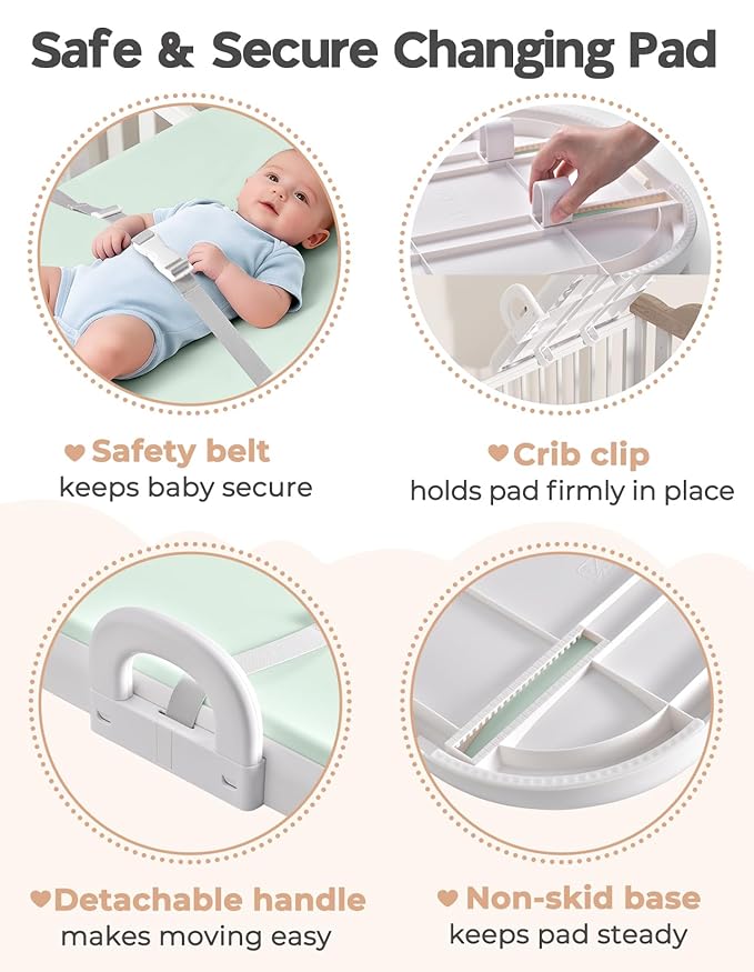 Xaproo Baby Changing Pad, Soft EVA Wipeable Diaper Changing Pad with Adjustable Crib Clips, Non-Slip Changing Table Pad with Safety Strap & Side Handles, Fits Cribs, Dressers & Changing Tables, Green