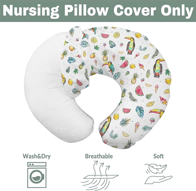 Toucan Tropical Flowers Leaves Baby Nursing Pillow Covers for Boy Girl Summer Birds Fruits Nursery Pillowcase for Breastfeeding Pillows Boho Beach Vacation Soft Stretchy Slipcovers for Newborn Infant