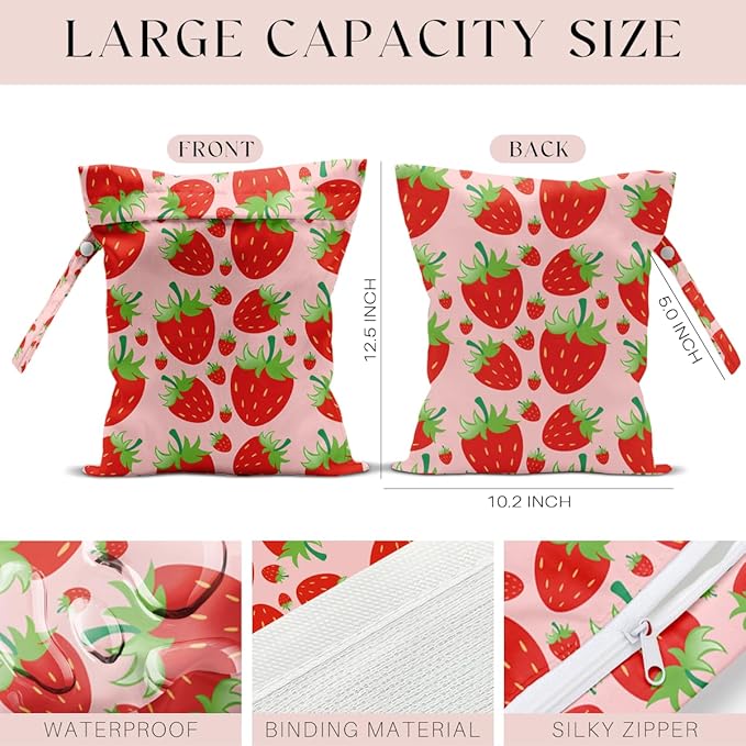 Wet Bag, Wet Dry Bag, Waterproof Swim Bags, Machine Washable Reusable Bags for Beach, Pool, Diapers, and Dirty Yoga Gym Clothes(Pink & Red Strawberry Print