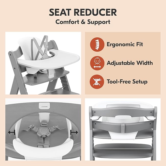 hauck Adjustable Wooden High Chair for Babies and Toddlers - Includes Baby Insert, Tray & Safety Harness - Grows with Child up to 198 lbs - Gray