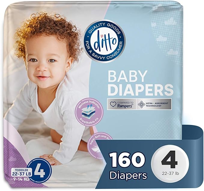 Ditto Baby Diapers Size 4 (160 Count) – Breathable Disposable Diapers – 12-Hour Leak Protection & Wetness Indicator – Day + Overnight Diapers for Sensitive Skin – No Fragrance, Parabens or Latex