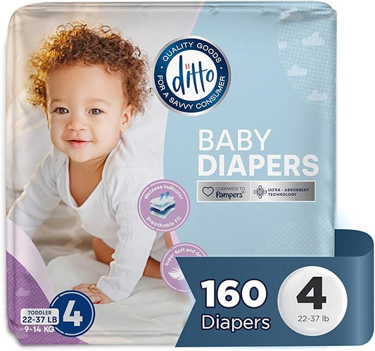Ditto Baby Diapers Size 4 (160 Count) – Breathable Disposable Diapers – 12-Hour Leak Protection & Wetness Indicator – Day + Overnight Diapers for Sensitive Skin – No Fragrance, Parabens or Latex