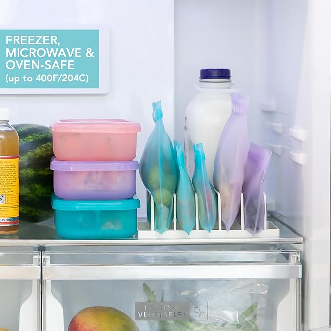 Bumkins - Silicone Bento Box & Reusable Snack Bag Set - 3 Sections & Leak-Proof Lid - Food Safe - 2 Zip Bags - Washable, Microwave, Freezer & Dishwasher Safe - 3 pack - Blue
