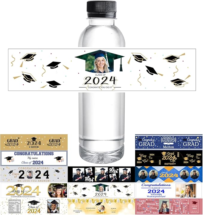 Personalized Water Bottle Labels Graduation Custom Graduation Labels with Name for Water Bottle Stickers Waterproof Printable Photo Bottle Labels Graduation Gifts 50 Pcs