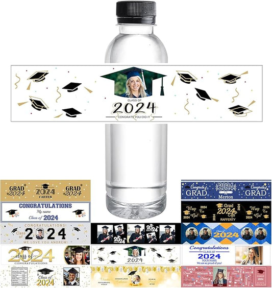 Personalized Water Bottle Labels Graduation Custom Graduation Labels with Name for Water Bottle Stickers Waterproof Printable Photo Bottle Labels Graduation Gifts 50 Pcs