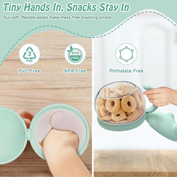 SELEWARE No Spill Snack Cups for Toddlers 2-Pack - Spill-Proof Snack Catcher with Handle, BPA-Free Tritan & Silicone - Easy Grip Kids Snack Container for On-The-Go, Dishwasher Safe (Green & Blue)