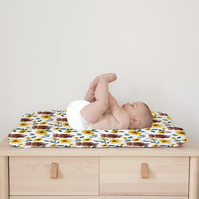 Highland Cows Boho Sunflowers Changing Pad Cover Cute Yak Floral Diaper Changing Table Cover Sheets for Boys Girls Soft Breathable Stretchy Fitted Changing Table Mats 32''x16''