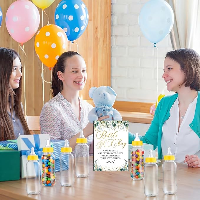 TrelaCo Greenery Cool Baby Shower Games Bottle Chug Sign Wooden Neutral Greenery Floral Gift Sets Gender Reveal Party Favors and 12 Pcs Baby Bottle Shower Favor for Games Gender Reveal