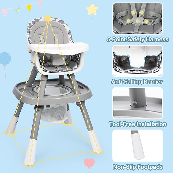 Xilingol 15-in-1 Convertible High Chair, 2-in-1 Baby Highchair & Activity Center W/Toys, Booster Seat | Building Block Table | Toddler Chair W/Removable Tray & 5-Point Harness & 2-Layer Cushion(Grey)