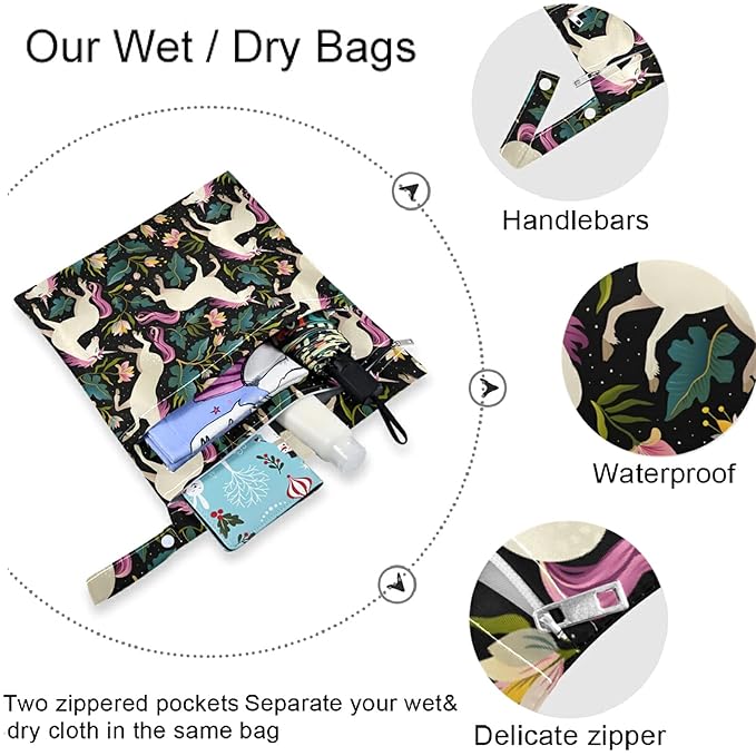 visesunny Pretty Unicorn Flower 2Pcs Wet Bag with Zippered Pockets Washable Reusable Roomy Diaper Bag for Travel,Beach,Daycare,Stroller,Diapers,Dirty Gym Clothes,Wet Swimsuits,Toiletries