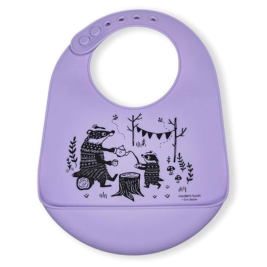 Modern Twist Bucket-Bib 100% Food-Grade Silicone, Waterproof and Reusable, Badger Family – Lavender