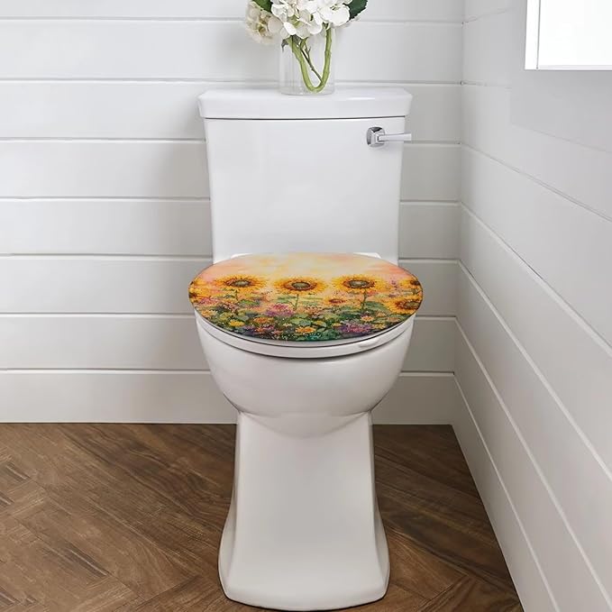 Sunflower Painting Toilet Lid Cover Flannel Fabric Toilet Cover Elastic Edges Seat Covers Soft and Breathable Toilet Lid Covers for Bathroom Fits Most Toilet Lids Yellow