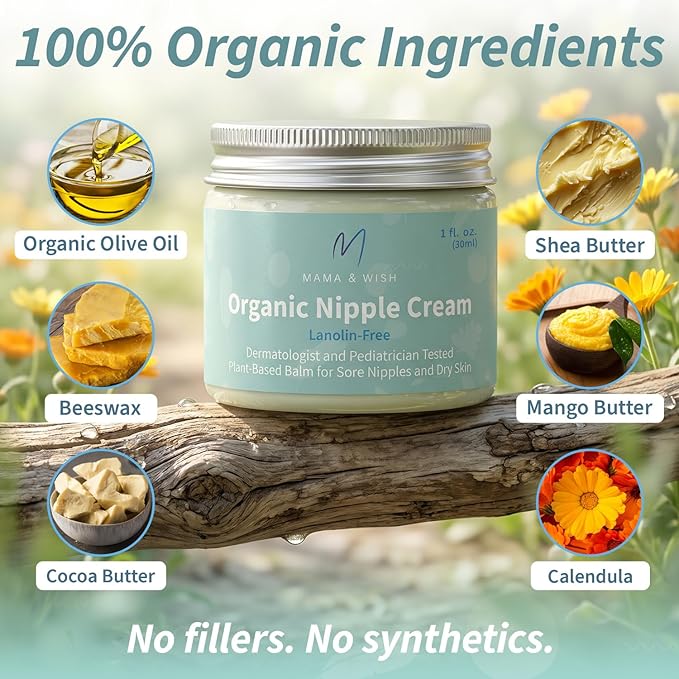 Mama & Wish® Organic Nipple Cream Safe for Breastfeeding - Breastfeeding Nipple Balm | Lanolin-free, Breastfeeding Essentials Safe for Nursing (1oz | 1 Pack Unscented)