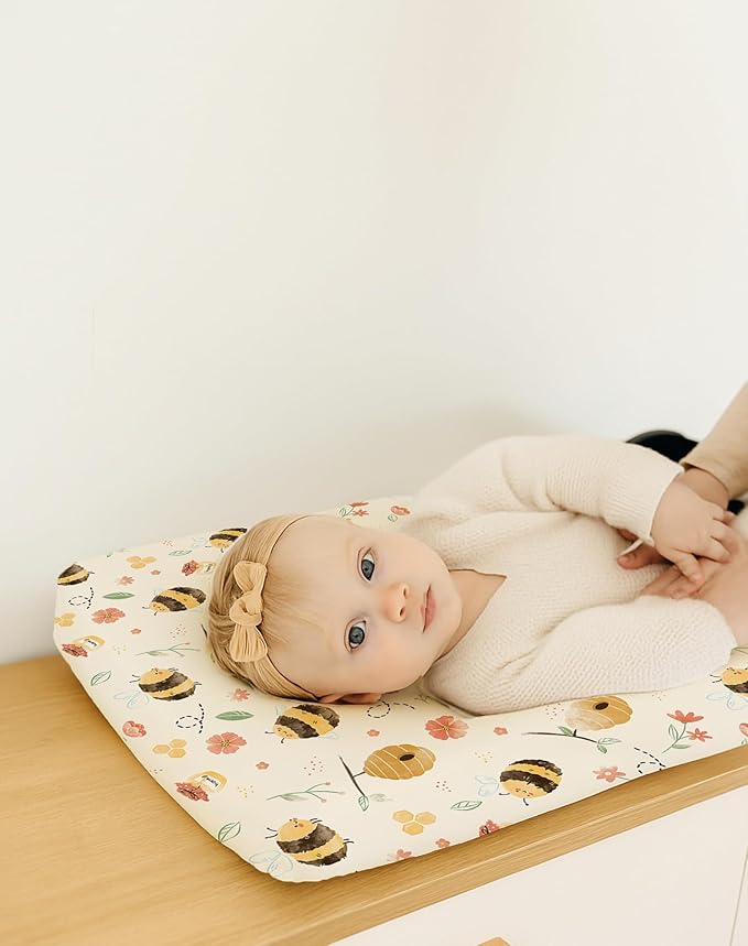 Changing Pad Cover for Baby Boys Girls 2 Pack, Fits Standard 32”×16” Changing Table Pads, Silky Breathable Stretch Knit, Machine Washable (Bee Happy)