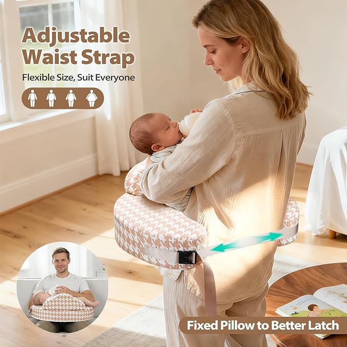 Nursing Pillow -Memory Foam Bottle & Breastfeeding Pillow with Safety Fence -Ergonomic Support, with Wider Breast Feeding Cushion, Adjustable, Removable Cover, Baby Safety Certified Houndstooth