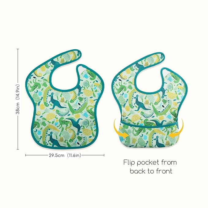 3-Pack Waterproof Baby Bibs for Eating - Mess Proof Lightweight Toddler Feeding Bibs with Large Food Catcher, Food-Grade Baby Eating Essentials, Easy to Put On & Clean(Green Animals)