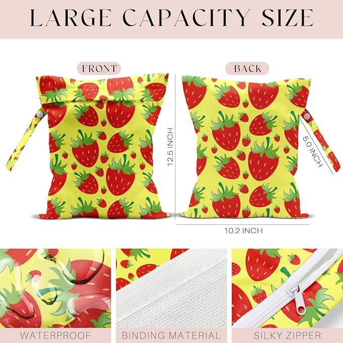 Wet Bag, Wet Dry Bag, Waterproof Swim Bags, Machine Washable Reusable Bags for Beach, Pool, Diapers, and Dirty Yoga Gym Clothes(Yellow & Red Strawberry Print