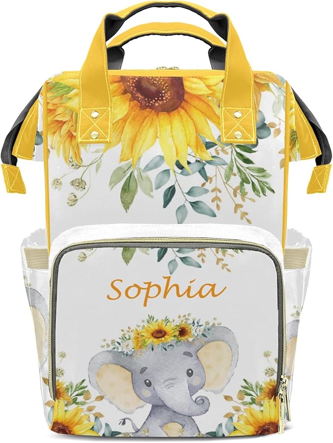 Cute Elephant Sunflowers Cute Diaper Bag Baby Nappy Bag Daughter Multi-Function Custom Baby Bag Picnic Diaper Carrying Bag Unisex Gifts with Name