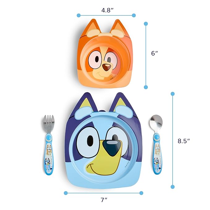 The First Years Bluey Kids Dinnerware Set - Includes Bluey Suction Plate, Bingo Suction Bowl, and Stainless Steel Toddler Silverware - Toddler and Baby Feeding Essentials - 4 Count