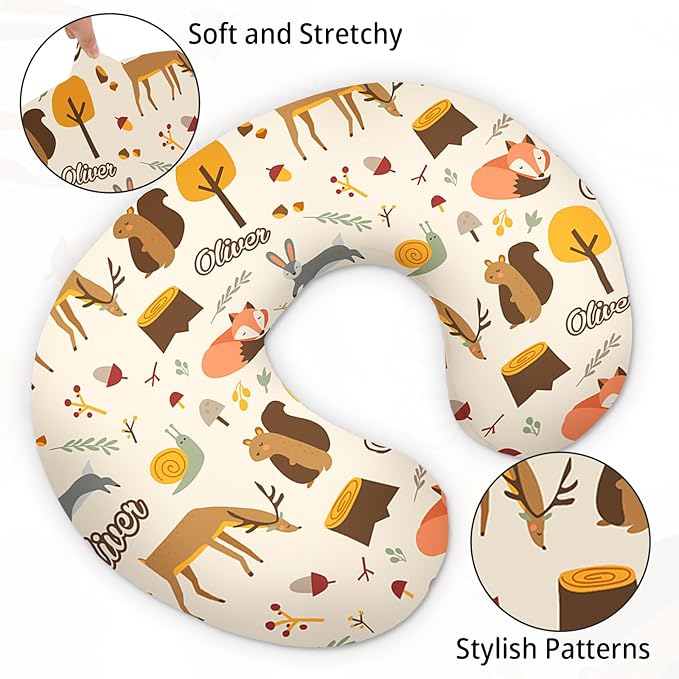 Baby Nursing Pillow Cover - Personalized Name Breastfeeding Pillow Cover with Deer Pattern, Stretchy Removable U-Shaped for New Moms, Soft Breathable Slipcover for Infant Boys Girls