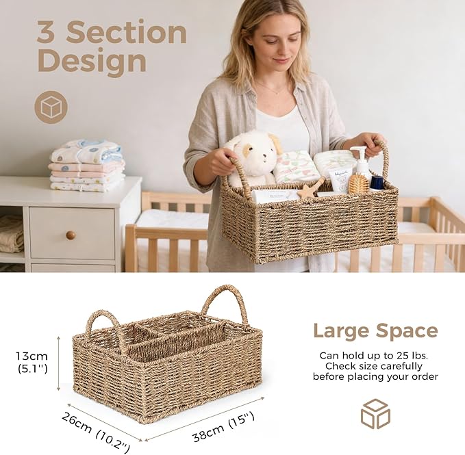 Diaper Caddy Organizer, Hand Rattan Nursery Baby Basket Changing Table Organizer for Baby Essentials, Baby Shower Gifts, Versatile Shelf Basket Bathroom/Kitchen Organizer (Natural, L)