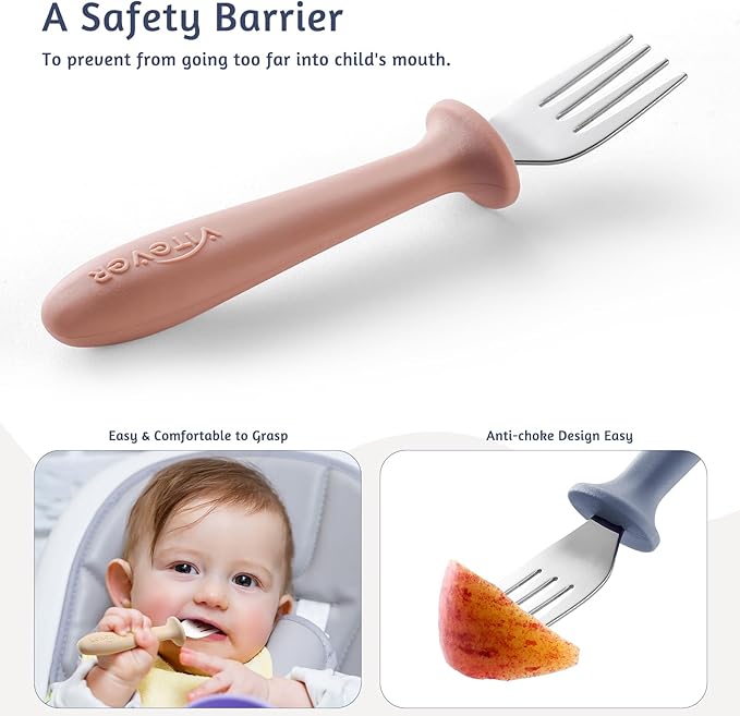 6 Pieces Toddler Forks，Kids Safe Utensils Set with Silicone Round Handle for Self Feeding，18/8 Stainless Steel Baby Forks，Children's Silverware Set BPA Free, Dishwasher Safe